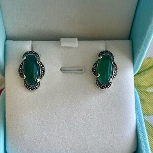Solid sterling silver marcasite earrings with green Agate.